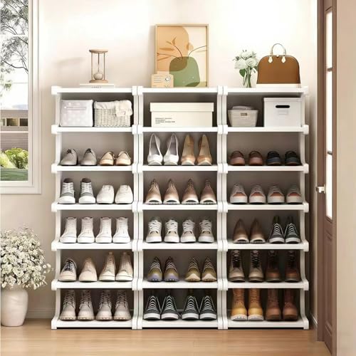 7-Tier Vertical Shoe Rack, Bamboo Free Standing Shoe Rack Shelf, Shoe Storage Stand, Entryway Shoe Tower, Vertical Shoe Organizer for Narrow Closet, Entryway, Hallway - color: White