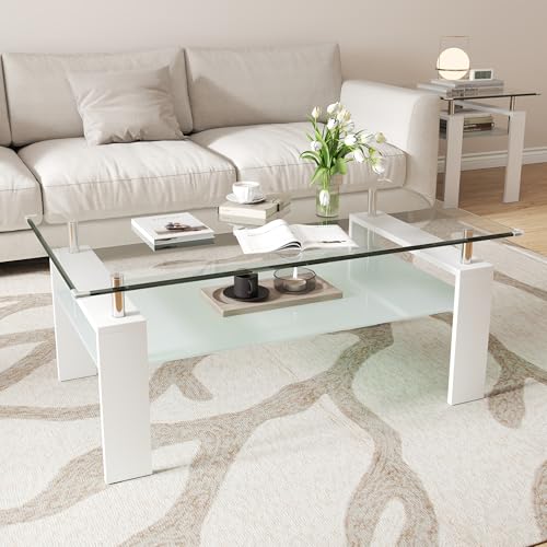 2-Tier Coffee Table with Tempered Glass Top and MDF Frame, Modern White Rectangular Glass Center Table for Living Room, Apartment, Office, Easy to Assemble - color: White, size: Coffee Table