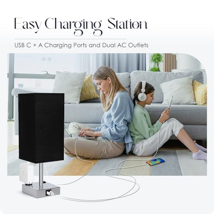 Set of 2 Bedside Table Lamp 3 Way Dimmable Nightstand Lamp with USB C & USB A Charging Port, 2 AC Outlets, 3000K LED Bulbs (Black) - color: Black