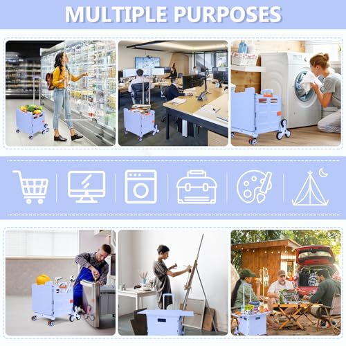 Foldable Utility Cart Folding Portable Rolling Crate with Magnetic Extended Lid,360°Rotate Wheels,176LBS Load Capacity,Heavy Duty Durable Dolly Cart(Blue) - color: Blue, size: Magnetic Extended Lid &Climber Wheels