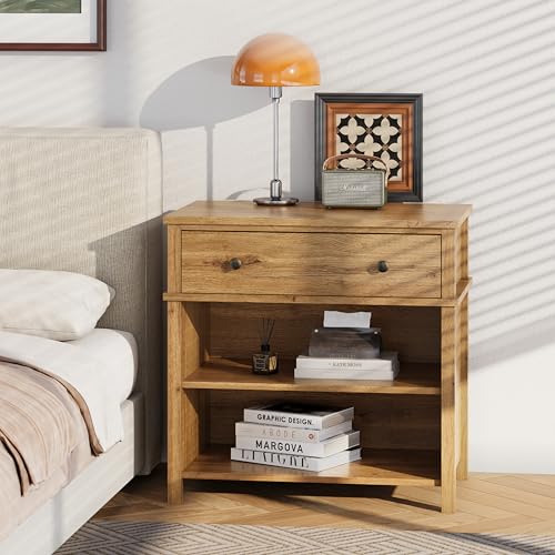 End Table with Drawer and 2 Tier Shelves, Wood Sofa Side Table for Living Room, Modern Nightstand Bedside Table for Bedroom, Small Console Table for Entryway, Hallway, Natural - color: Natural