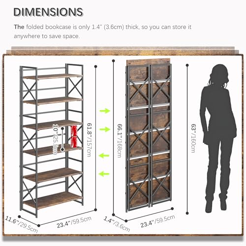 4NM 6 Tiers No Assembly Book Shelves, 61.8" H Folding Bookshelf Bookcase Open Industrial Foldable Shelves for Bedroom, Living Room, Home Office - Rustic Brown Black - color: Rustic Brown Black, size: XX 6-Tier