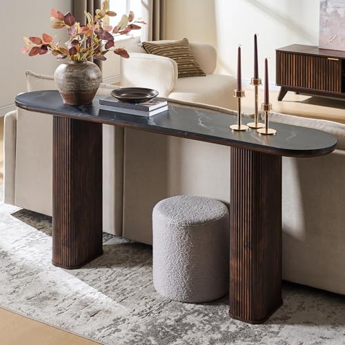 OKD 63" Modern Fluted Console Table, Narrow Entryway Table, Dark Walnut | Modern Fluted Wood Base, Curved Faux Marble-Texture Top, Entryway, Hallway, Foyer, Behind Sofa - color: Dark Walnut