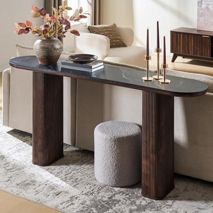 OKD 63" Modern Fluted Console Table, Narrow Entryway Table, Dark Walnut | Modern Fluted Wood Base, Curved Faux Marble-Texture Top, Entryway, Hallway, Foyer, Behind Sofa - color: Dark Walnut