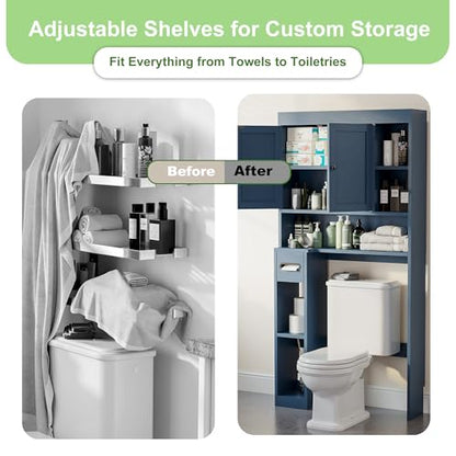 Over The Toilet Storage Cabinet with 7 Shelves, Imitation Walnut Grain Above Toilet Bathroom Organizer with Toilet Paper Holder Stand, Space Saver for Restroom, Laundry, Bathroom (Navy Blue) - color: Navy Blue
