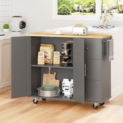 Shintenchi Kitchen Island with Folding Drop Leaf, Rolling Island Table with Storage, Kitchen Cabinet on Wheels with Seating Area for Kitchen, Bar Cart with Cabinet, Gray - color: Grey