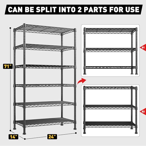 REIBII 6-Tier Storage Shelves Metal Shelving for Storage Load 1000 LBS,Wire Shelves Heavy Duty Shelving Unit Adjustable Pantry Shelf Bathroom Kitchen Garage 24" W x 14" D x 71" H, Black - size: 6 Tier-14"D x 24"W x 71"H