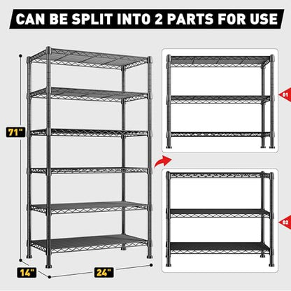 REIBII 6-Tier Storage Shelves Metal Shelving for Storage Load 1000 LBS,Wire Shelves Heavy Duty Shelving Unit Adjustable Pantry Shelf Bathroom Kitchen Garage 24" W x 14" D x 71" H, Black - size: 6 Tier-14"D x 24"W x 71"H