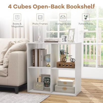 4 Cube Storage Organizer, 2 Tier Floor Standing Bookcase, Small Bookshelf for Small Spaces, Wooden Open Display Shelf for Living Room, Bedroom, Study, White Bookshelf with Open Back - size: 4 Cubes