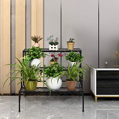 Giantex 3 Tiers Black Metal Plant Stand, Metal Plant Shelf Stands w/ 6-9 Flower Potted Capacity Holders, Multiple Flower Pot Display Rack for Plants Patio Garden Corner Indoor (Rectangular)