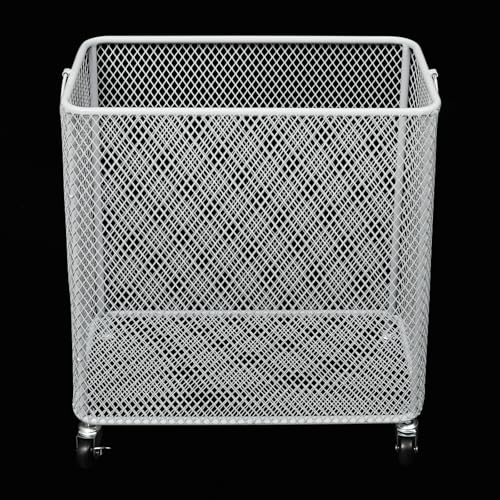 Laundry Hamper with Wheels, Rolling Laundry Basket Cart, Rectangular Metal Mesh Clothes Hamper with Metal Pull Handle for Laundry Room and Bedroom, White, 16.9" x 9" x 17.7" - color: White, size: 26.77 x 21.5 x 26in