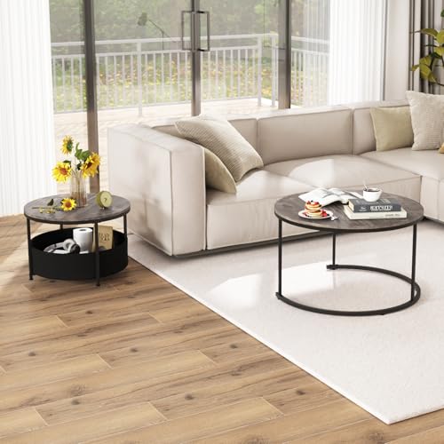Tangkula Round Nesting Coffee Table Set of 2, Wooden Center End Table with Fabric Storage Basket & Metal Frame, Stacking Side Table for Apartment, Living Room & Bedroom (Gray & Black) - color: Gray & Black