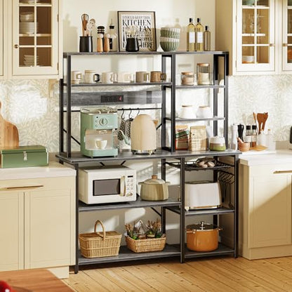 SUPERJARE Larger Bakers Rack with Power Outlets, 6-Tier Microwave Stand, Coffee Bar with 12 S-Shaped Hooks, Kitchen Shelf with Wire Basket, 47.2 x 15.5X 66.9 Inches, Grey - color: Charcoal Gray, size: 47.2inch