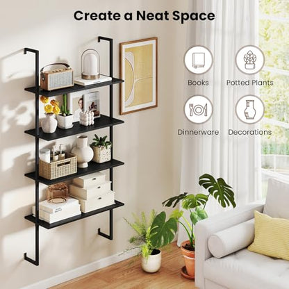 Tangkula 4-Tier Wall-Mounted Bookshelf, Industrial Modern Floating Storage Display Shelves with Metal Frame, Wall-Mounted Ladder Wooden Bookcase for Living Room, Kitchen, Bar, Office (1, Black) - color: Black