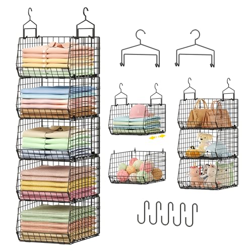 Capacity Upgrade Edition Deeper 4'' 5 Tier Foldable Hanging Closet Organizer and Storage，Wire Cabinet Shelves and Rack with 5 S Hooks,Stackable Metal Basket Bins for Clothes Shoe Purse,Black - color: Black, size: 5-Tier