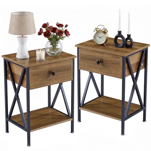 VECELO Nightstands Set of 2, Modern Bedside End Tables, Night Stands with Drawer and Storage Shelf for Living Room Bedroom, Industrial Metal Frame - color: Walnut, size: Set of 2 - 15.8"W x 11.8"D x 21.7"H