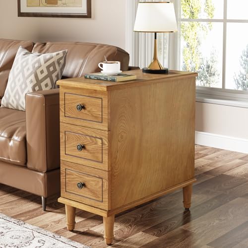 Tribesigns Solid Wood End Table, Fully Assembled Narrow Side Table with Drawers, Pre-Assembled Nightstand Slim Bedside Table for Small Spaces, Living Room, Bedroom, Wood - color: Wood Color