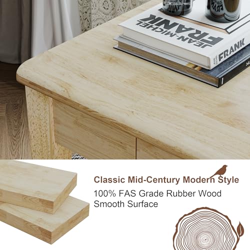 Solid Wooden Desk with Drawers - 39 x 16 Inch Rubberwood Narrow Desks, Simple Modern Study Table, Small Writing Desk for Bedroom|Small Spaces - Natural Boho Desks - color: Natural, size: 39.4 in W x 15.7 in D