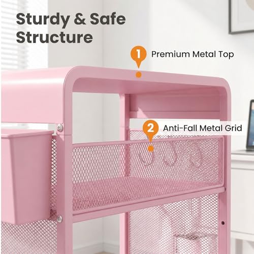 ECOLOVI 3 Tier Printer Stand for Under Desk, Height Adjustable Shelf Small Printer Table with 3 S-Hooks & Basket, Heavy Duty Industrial Storage Shelf for Home Office (Pink) - color: Pink