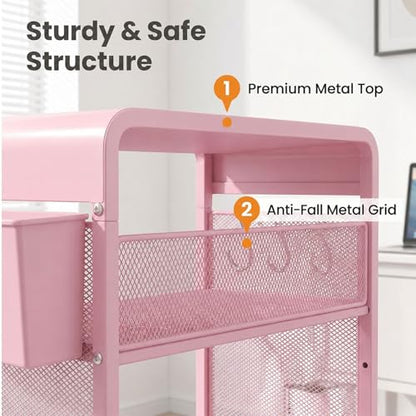 ECOLOVI 3 Tier Printer Stand for Under Desk, Height Adjustable Shelf Small Printer Table with 3 S-Hooks & Basket, Heavy Duty Industrial Storage Shelf for Home Office (Pink) - color: Pink