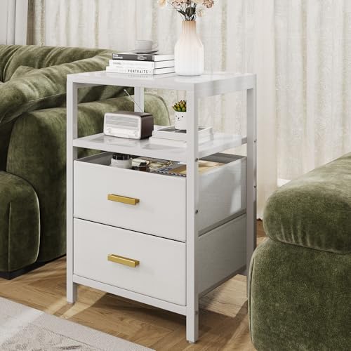 Nightstand 2 Drawers Side Table Modern Bedside End Table | White night stand with 2 fabric drawers, double layer shelf, metal frame, space saving end table for bedroom and living room - size: 2 Drawers, Single Piece