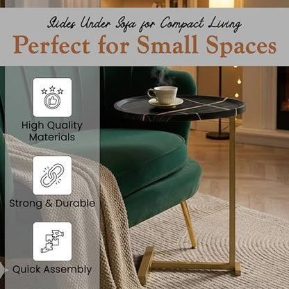 Kings Brand C-Shaped Side End Table, Sofa Snack Table, Gold & Black | Convenient C-Shaped Table – Slides Under Sofas, Chairs, Beds to Keep Coffee, Snacks, Laptops, Books, & Essentials w/in Reach - color: Black
