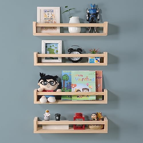 Nursery Room Shelves Set of 4, Wood Floating Book Shelves for Kids Room, Baby Book Shelf for Nursery, Kitchen Spice Rack (Natural Wood) - color: Natural Wood