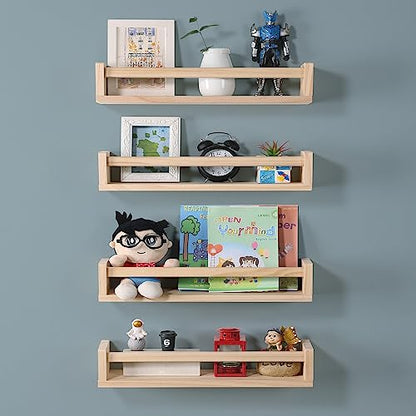 Nursery Room Shelves Set of 4, Wood Floating Book Shelves for Kids Room, Baby Book Shelf for Nursery, Kitchen Spice Rack (Natural Wood) - color: Natural Wood
