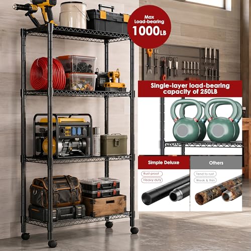 Simple Deluxe 4-Tier Heavy Duty Adjustable Storage Shelf with Wheels, 23.23”W x 17.63”D x 47.24”H, Wide Mobile Metal Shelving Unit, Easy Assembly for Living Room, Office,Black - size: 4-Tier, 23.23”W x 17.63”D x 47.24”H, style: 1 Pack
