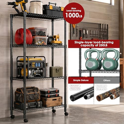 Simple Deluxe 4-Tier Heavy Duty Adjustable Storage Shelf with Wheels, 23.23”W x 17.63”D x 47.24”H, Wide Mobile Metal Shelving Unit, Easy Assembly for Living Room, Office,Black - size: 4-Tier, 23.23”W x 17.63”D x 47.24”H, style: 1 Pack
