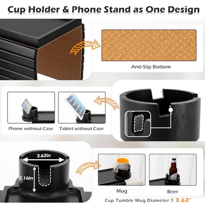 GHKINMAL Couch Cup Holder Tray, 3 in 1 Large Couch Arm Trays,Bamboo Chair Clip on Tray with 360° Ratated Phone Holder for Couch,Armrest Tray for Snacks,Remote,Phone - color: Black