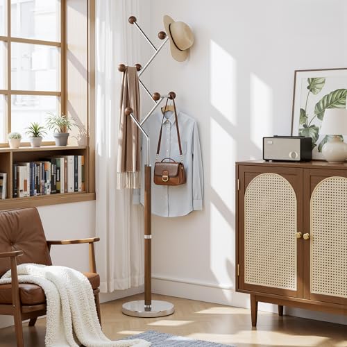 Coat Rack Freestanding Metal Coat Tree with 8 Rubber Wood Hooks | Heavy Duty Standing Coat Rack, Stainless Steel Marble Base, Coat Hanger Stand for Bedroom Entryway Hallway, Hat, Bags - color: A