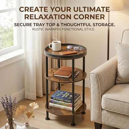 Small Round Side Table with Tray Top, Rustic Brown | Patented Design, 11.8" Narrow End Table for Small Spaces, 3-Tier Industrial Accent Table for Living Room Bedroom Nightstand - color: Rustic Brown, style: Classic