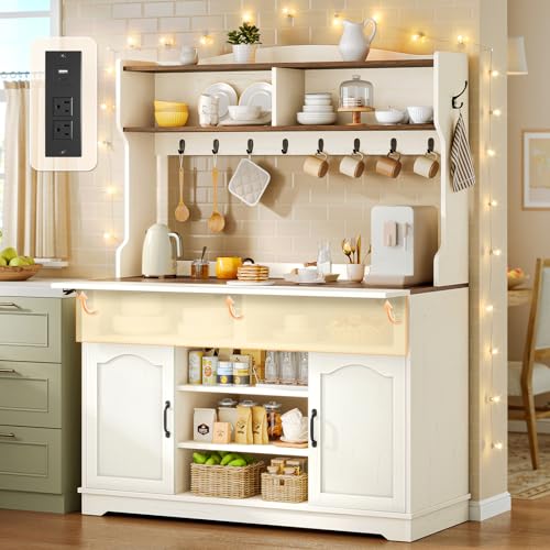 47.2 inch Bakers Rack with Storage and Drop Leaf, Farmhouse Coffee Bar Cabinet with Power Outlet, Large Microwave Stand with Storage Cabinet, 10 Hooks and Curved Design for Kitchen, Walnut, White - size: 47.2 in Drop Leaf Countertop