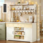 47.2 inch Bakers Rack with Storage and Drop Leaf, Farmhouse Coffee Bar Cabinet with Power Outlet, Large Microwave Stand with Storage Cabinet, 10 Hooks and Curved Design for Kitchen, Walnut, White - size: 47.2 in Drop Leaf Countertop