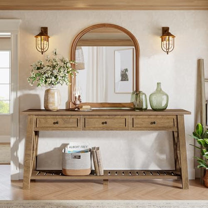 Tribesigns Console Table with 3 Storage Drawers, 70.87 Inches Extra Long Sofa Table Behind Couch with Bottom Shelf, Farmhouse Wooden Entryway Hallway Foyer Table for Living Room, Entrance (Brown) - color: Brown