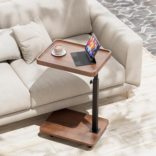 TV Tray Table for Eating,Sofa Armrest & 360° Swivel &Height Adjustable End Side Table for Couch,Snack Table for Sofa, Bedroom, Living Room, C Shaped End Table(Brown+Black) - color: Brown+black