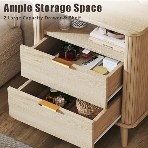 Fluted Nightstand, Night Stand with Charging Station, Mid Century Modern Bedside Table with Drawer & Open Shelf, Curved Profile Design, End Side Table with Storage for Bedroom, Oak - color: Natural Oak