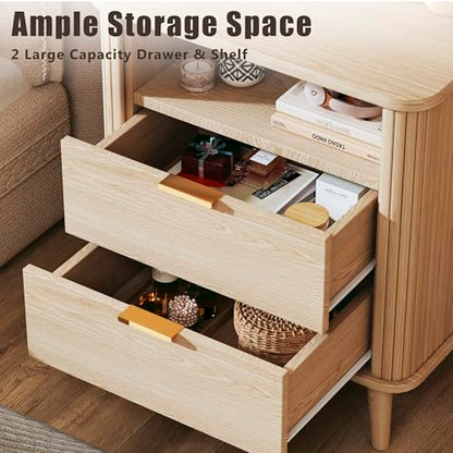 Fluted Nightstand, Night Stand with Charging Station, Mid Century Modern Bedside Table with Drawer & Open Shelf, Curved Profile Design, End Side Table with Storage for Bedroom, Oak - color: Natural Oak