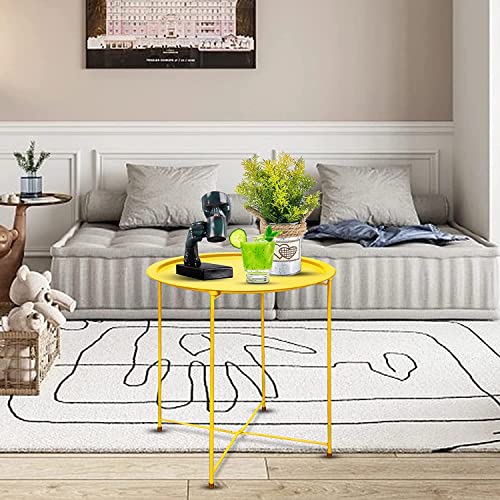 Garden 4 you End Table 2 PCS Metal Side Table Yellow Round Folding Tray Cyan Sofa Small Accent Fold-able Table, Round End Table Tray, Next to Sofa Table, Snack Table for Living Room and Bed Room - color: Yellow
