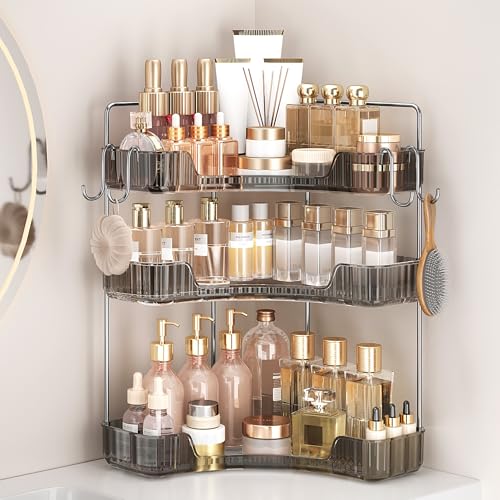 Bathroom Counter Organizer 3-Tier Corner Organizer with Hooks | Gray PET Counter Storage, Multi-Purpose for Bathroom Skincare & Kitchen Organization - color: Gray, size: 3 Tier