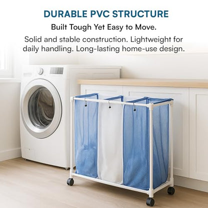 Honey-Can-Do HMP-01629 3 bag mesh laundry sorter, 30.5" x 15.3" x 30" , Blue/White