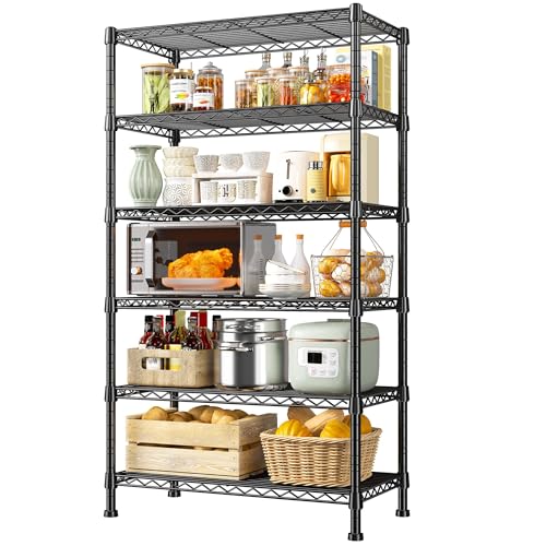 REIBII 6-Tier Storage Shelves Metal Shelving for Storage Load 1000 LBS,Wire Shelves Heavy Duty Shelving Unit Adjustable Pantry Shelf Bathroom Kitchen Garage 24" W x 14" D x 71" H, Black | Heavy-duty 19.1mm steel, Leveling feet+anti-tip, 24"W x 14"D x 71"H