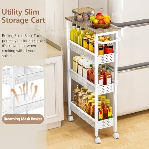 Utility Slim Rolling Storage Cart, 4-Tier Narrow Metal Organizer with Wood Top, 7.1" Width Utility Cart for Kitchen, Bathroom, Laundry Room, Small Spaces, White