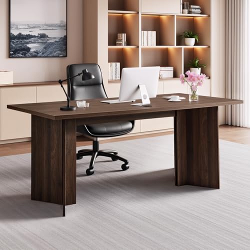 VEVOR 63 in Executive Desk, Large Modern Rectangle Office Table, Heavy Duty Wooden Executive Table with Cable Connection Hole, 250 LBS Load Capacity, Easy Assembly, for Work Study Writing, Walnut - color: Walnut