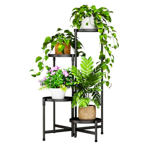 Plant Stand Indoor Outdoor, 4 Tier Corner Metal Flower Display Holder Shelf, Folding Tall Orchid Rack for Patio Balcony Porch Garden Living Room House, Black