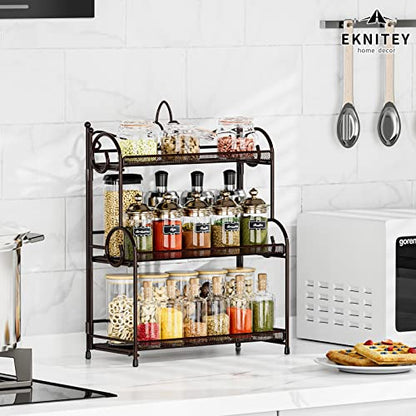 EKNITEY Bathroom Organizer Shelf Countertop - 3 Tier Spice Rack No Assembly | Kitchen Counter Organizer, for Skincare Makeup Vanity, Sturdy Metal Frame, Easy to Clean, Space-saving, Foldable, Brown - color: Brown