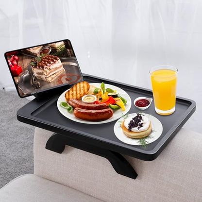 SINWANT Large Couch Armrest Table, 15.75"x 11.8" Bamboo Couch Arm Table with 360° Rotating Phone Holder,Foldable Anti-Slip Sofa Arm Tray for Snacks,Drinks,Remotes on Wide Armrest - color: Large Black