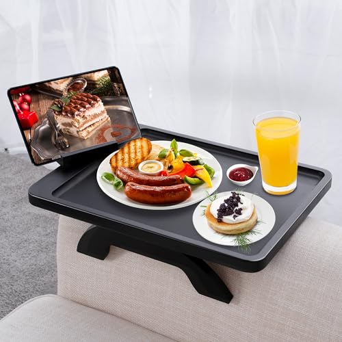 SINWANT Large Couch Armrest Table, 15.75"x 11.8" Bamboo Couch Arm Table with 360° Rotating Phone Holder,Foldable Anti-Slip Sofa Arm Tray for Snacks,Drinks,Remotes on Wide Armrest - color: Large Black