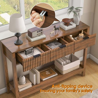 Nasonet Fluted Console Table, Wooden Sofa Table with Storage and Drawers, Farmhouse Behind Couch Table Entryway Table for Entrance, Hallway, Living Room, Brown - color: Brown, style: Modern